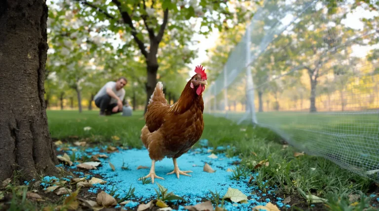 Lâcher ses poules sous les fruitiers en avril est une excellente idée, sauf si ce résidu bleu reste au sol