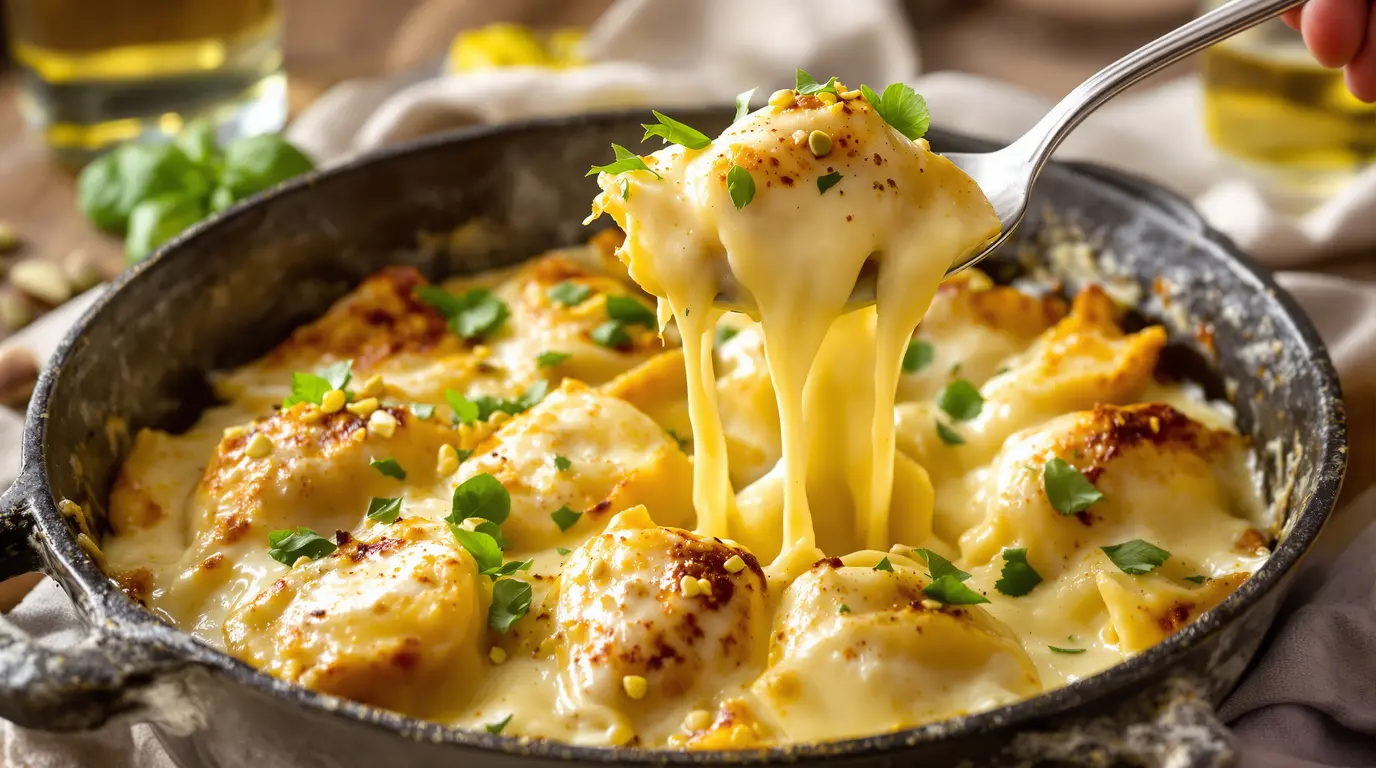 Gratin de pâtes fourrées : je remplace la béchamel par stracciatella et pistaches, c’est fondant Gratin de pâtes fourrées : je remplace la béchamel par stracciatella et pistaches, c’est fondant