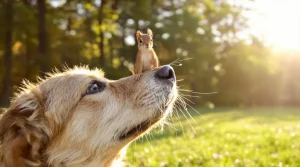 Relâché dans la forêt par ses maîtres, cet écureuil revient chaque matin retrouver sa meilleure amie canine