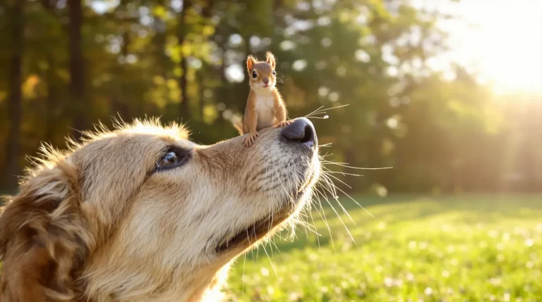 Relâché dans la forêt par ses maîtres, cet écureuil revient chaque matin retrouver sa meilleure amie canine